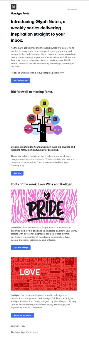 Screenshot of the Glyph Notes customer newsletter