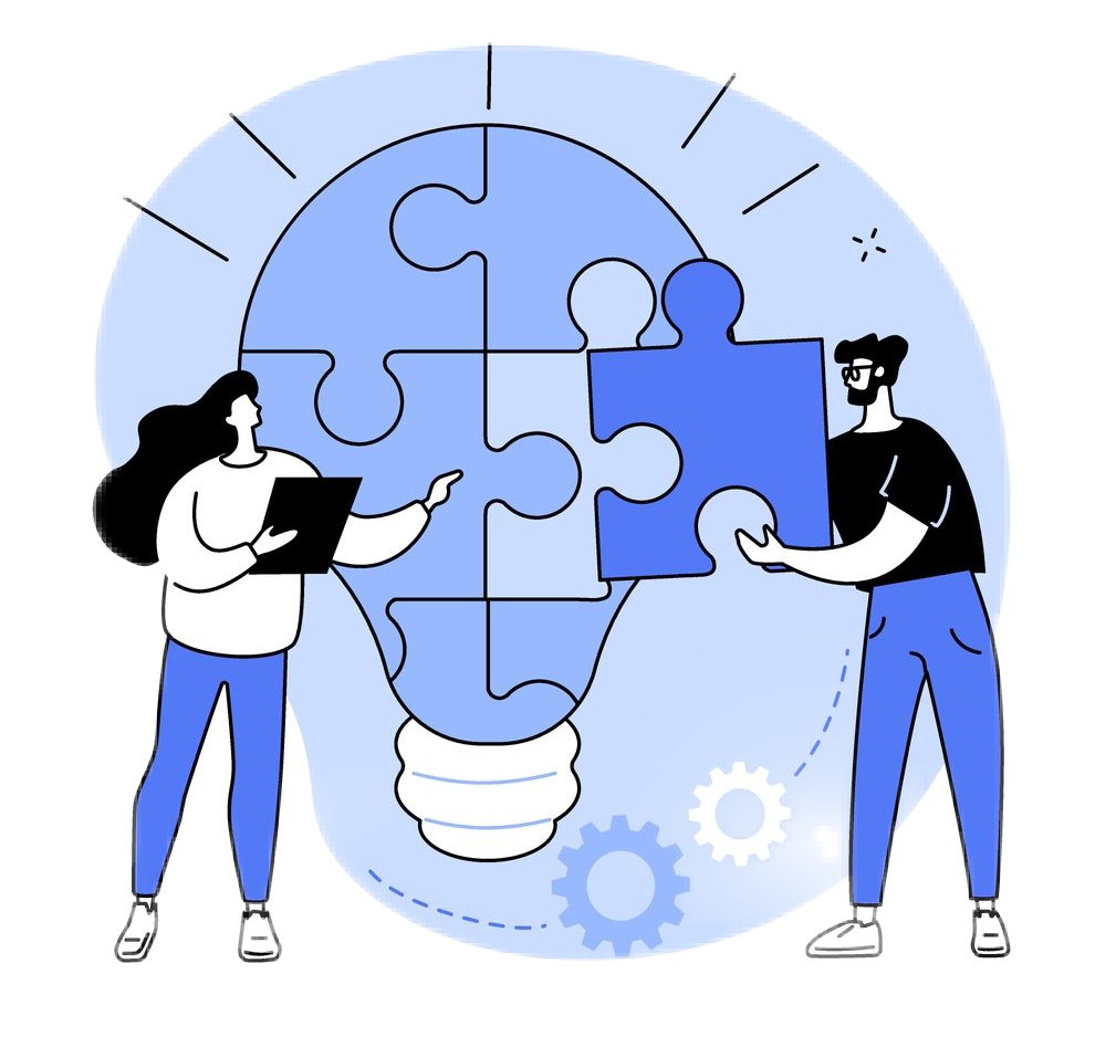 Illustraion of man and woman putting together a puzzle of a light bulb, representing an idea.